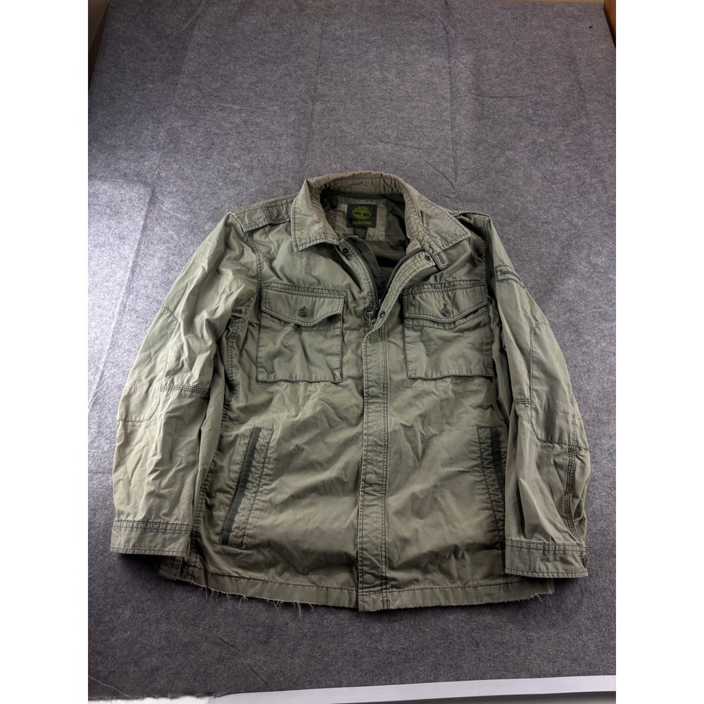 Timberland Mens Field Jacket XL Green Utility Cotton Twill Thrashed Workwear